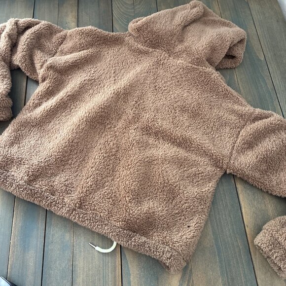 Derek Heart Camel Teddy Bear Quarter Zip Cropped Draw Hoodie - Size Medium (E9) - Picture 6 of 6